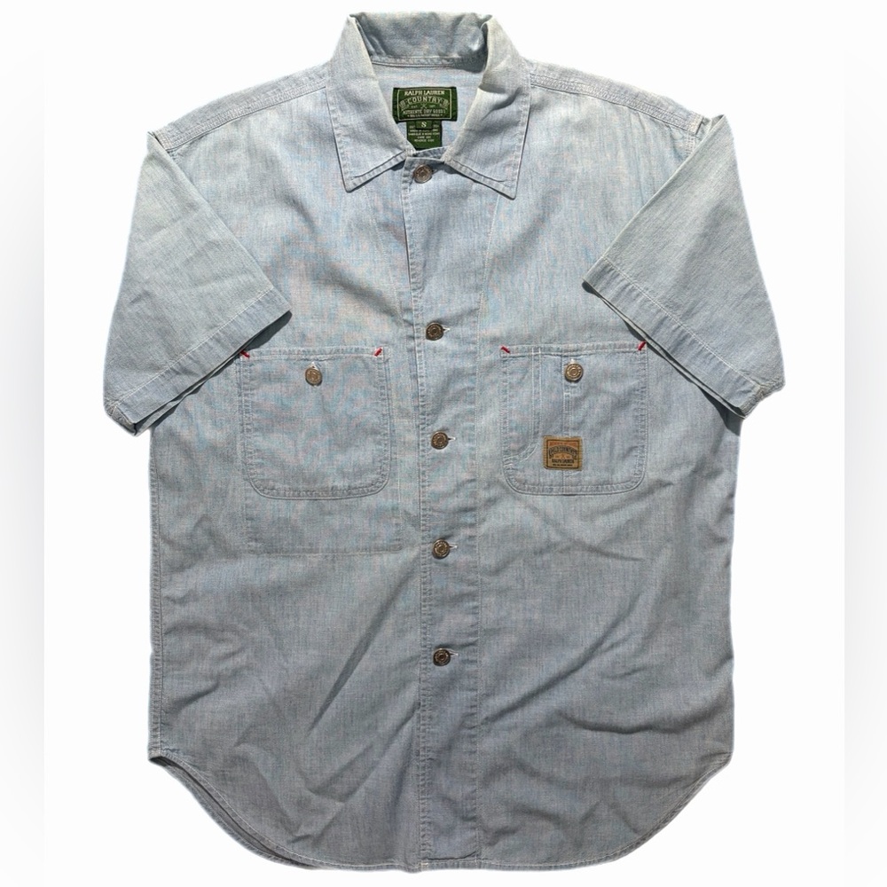 Vintage Ralph Lauren Country Shirt Mens Small Blue Chambray Short Sleeve 90s
